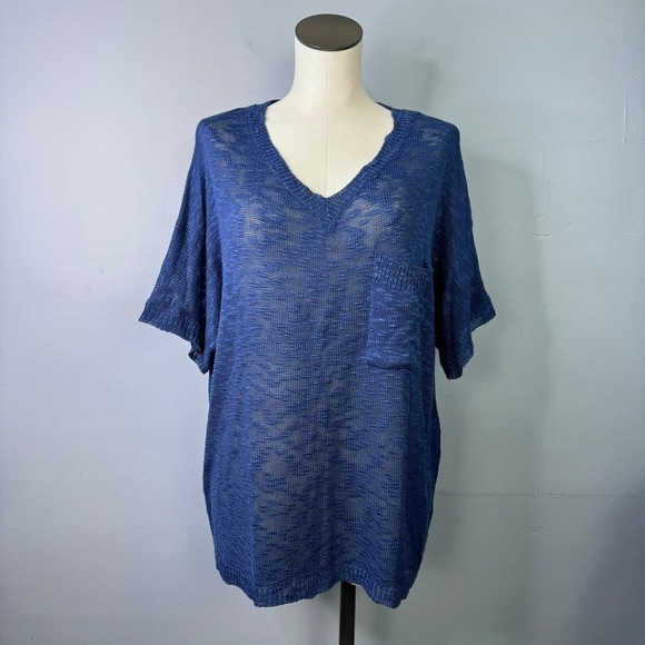 143Story by Line Up Midnight Blue Slub Knit V-Neck Short Sleeve Sweater Size L - Picture 1 of 15